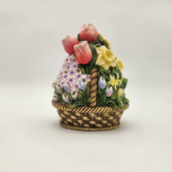 Vintage PartyLite Floral Garden Basket Ceramic Candle Holder Tulips Daffodils - Picture 5 of 10